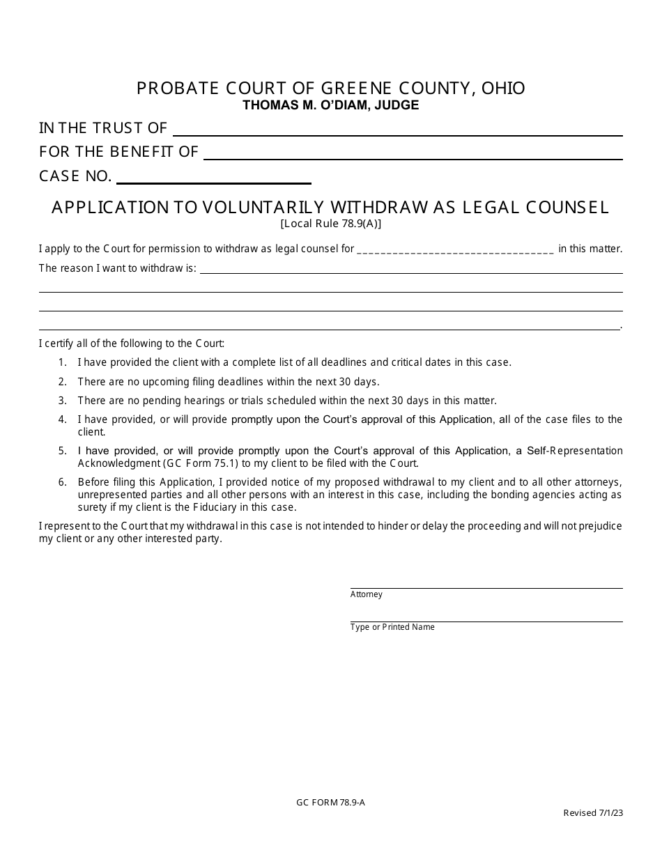 GC Form 78.9-A Application to Voluntarily Withdraw as Legal Counsel - Trusts - Greene County, Ohio, Page 1