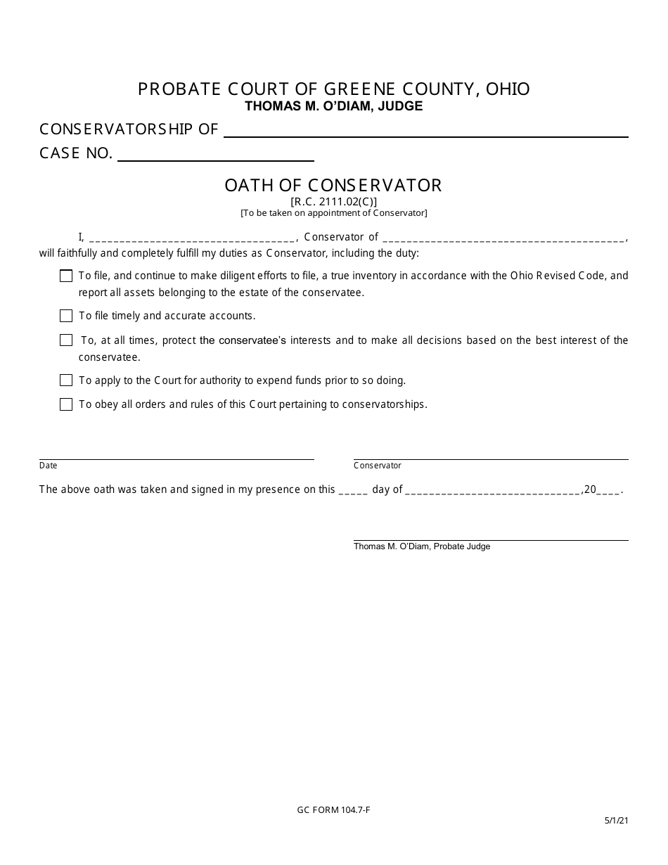 GC Form 104.7-F Oath of Conservator - Conservatorships - Greene County, Ohio, Page 1