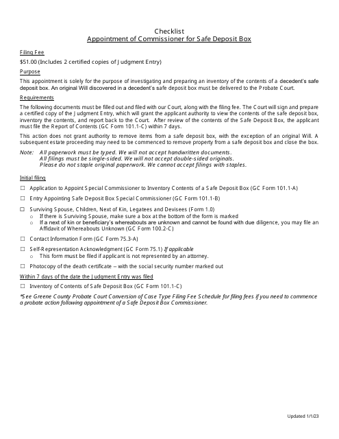 Checklist for Appointment of Commissioner for Safe Deposit Box - Greene County, Ohio Download Pdf