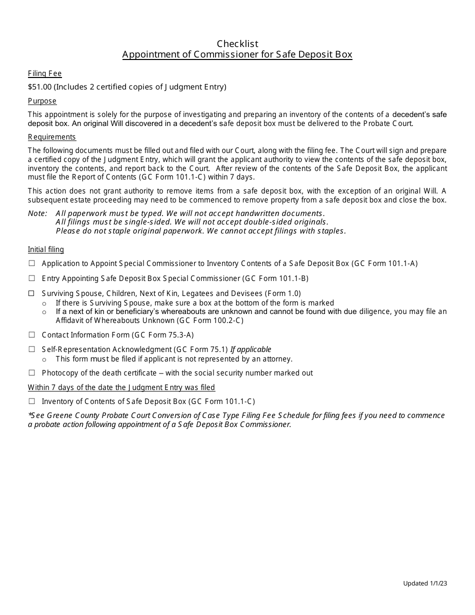 Checklist for Appointment of Commissioner for Safe Deposit Box - Greene County, Ohio, Page 1