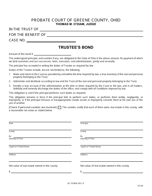 GC Form 105.1-F Trustee's Bond - Greene County, Ohio