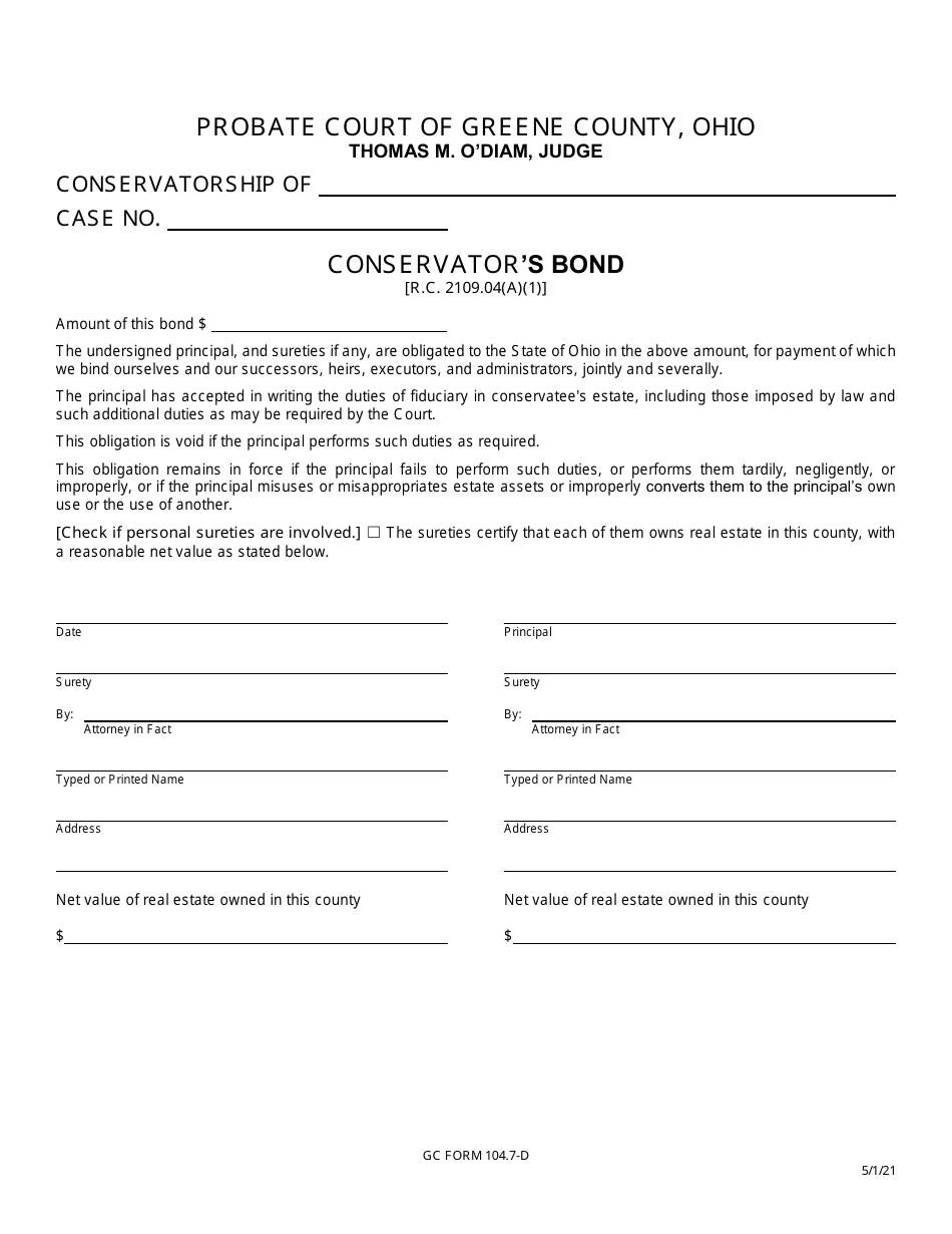 GC Form 104.7-D Conservators Bond - Greene County, Ohio, Page 1