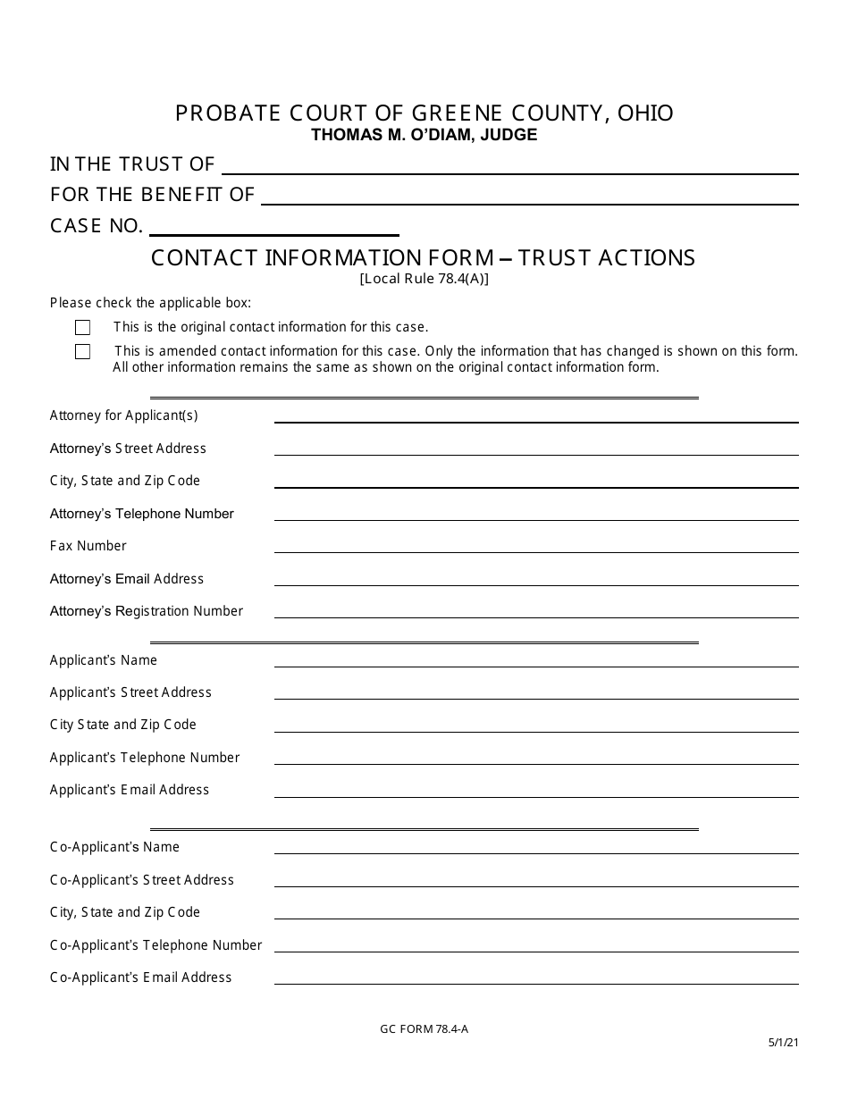 GC Form 78.4-A Contact Information Form - Trust Actions - Greene County, Ohio, Page 1