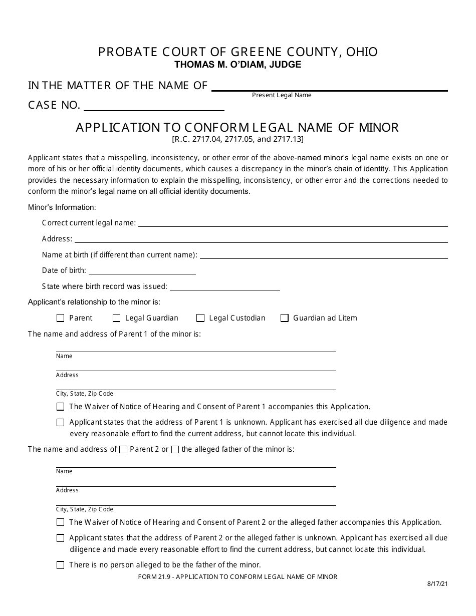 Form 21.9 Application to Conform Legal Name of Minor - Greene County, Ohio, Page 1