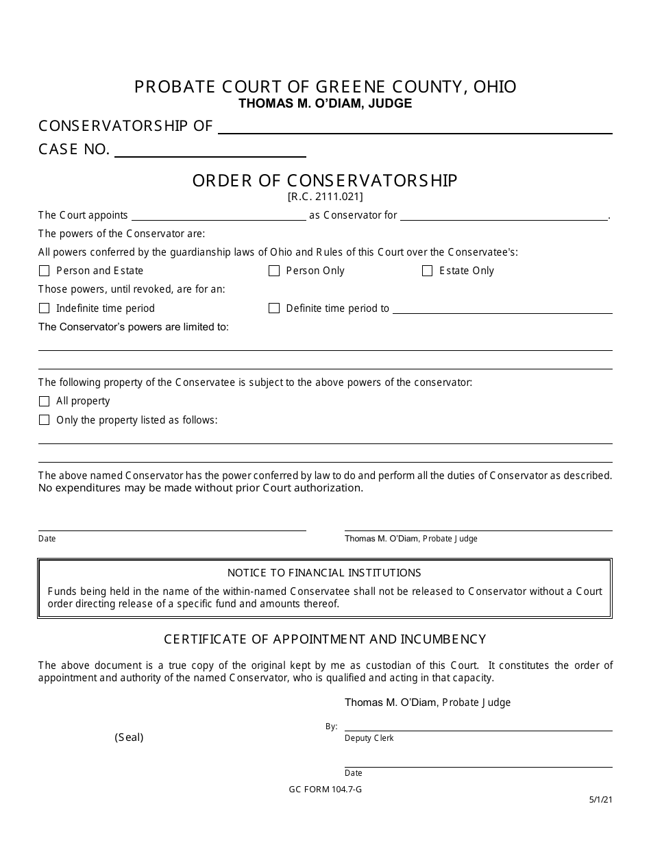 GC Form 104.7-G Order of Conservatorship - Greene County, Ohio, Page 1