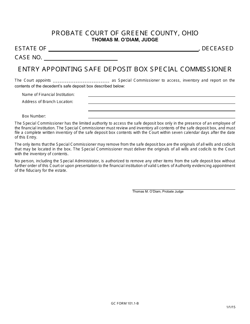 GC Form 101.1-B Entry Appointing Safe Deposit Box Special Commissioner - Greene County, Ohio, Page 1