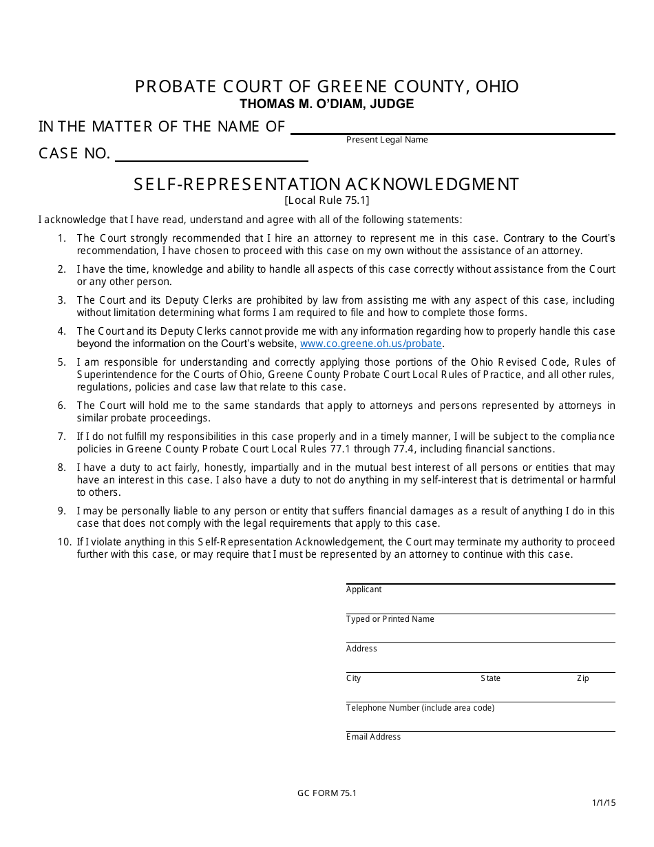 GC Form 75.1 Self-representation Acknowledgment - Greene County, Ohio, Page 1