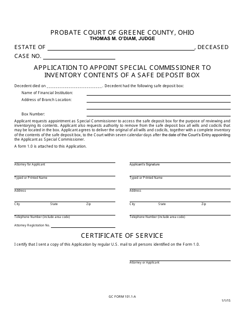 GC Form 101.1-A Application to Appoint Special Commissioner to Inventory Contents of a Safe Deposit Box - Greene County, Ohio