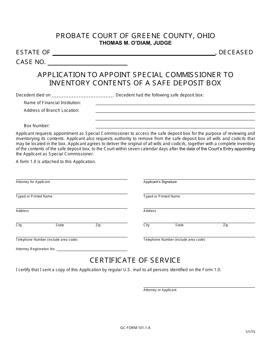 GC Form 101.1-A Application to Appoint Special Commissioner to Inventory Contents of a Safe Deposit Box - Greene County, Ohio, Page 1