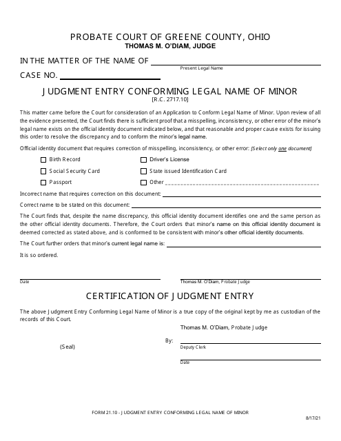Form 27.10 Judgment Entry Conforming Legal Name of Minor - Greene County, Ohio