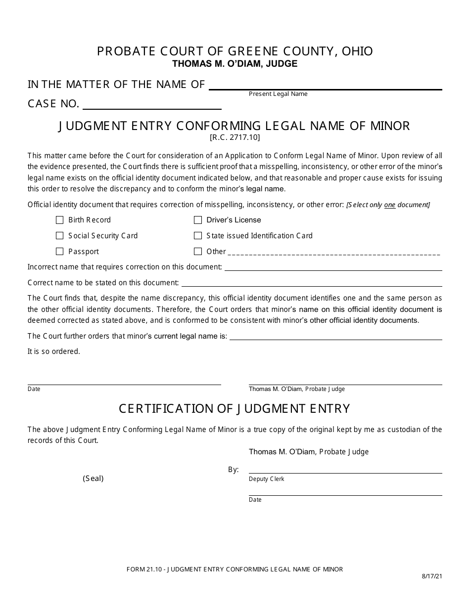 Form 27.10 Judgment Entry Conforming Legal Name of Minor - Greene County, Ohio, Page 1