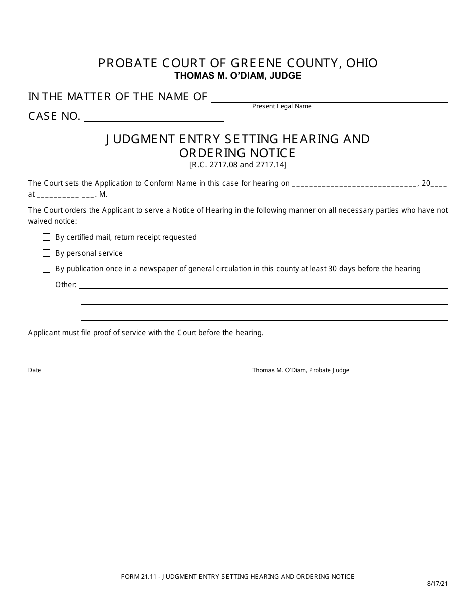Form 21.11 Judgment Entry Setting Hearing and Ordering Notice - Greene County, Ohio, Page 1
