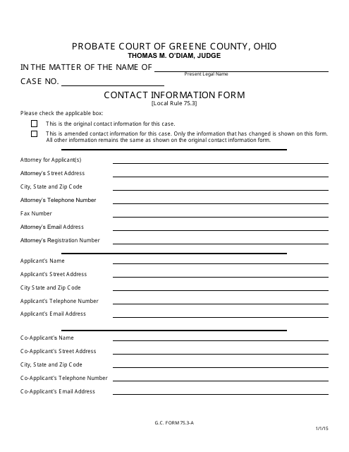 GC Form 75.3-A Contact Information Form - Name Change/Name Conformity - Greene County, Ohio