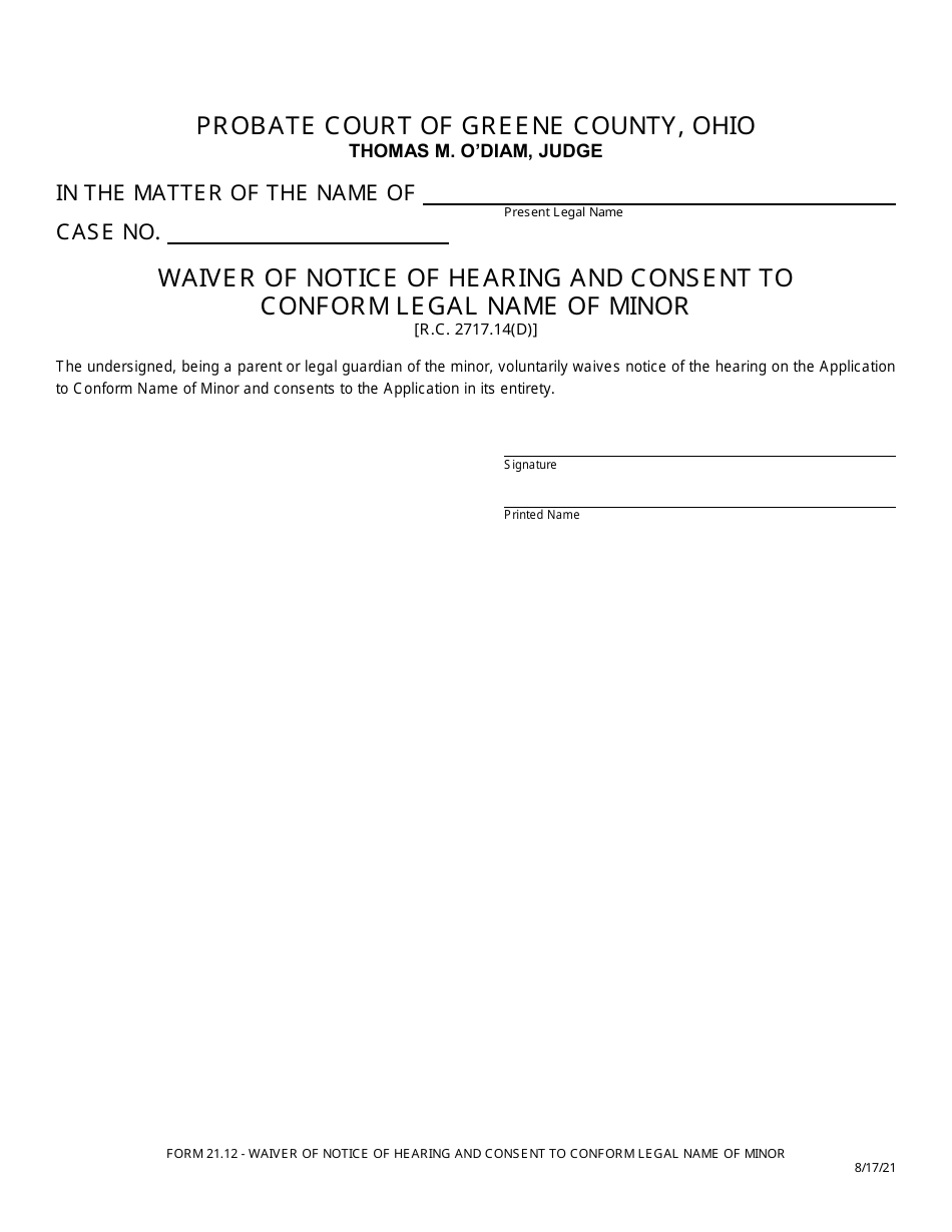 Form 21.12 Waiver of Notice of Hearing and Consent to Conform Legal Name of Minor - Greene County, Ohio, Page 1