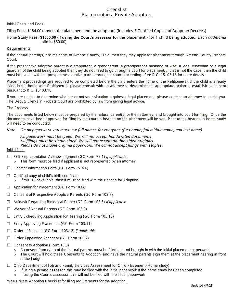 Checklist for Placement in a Private Adoption - Greene County, Ohio, Page 1