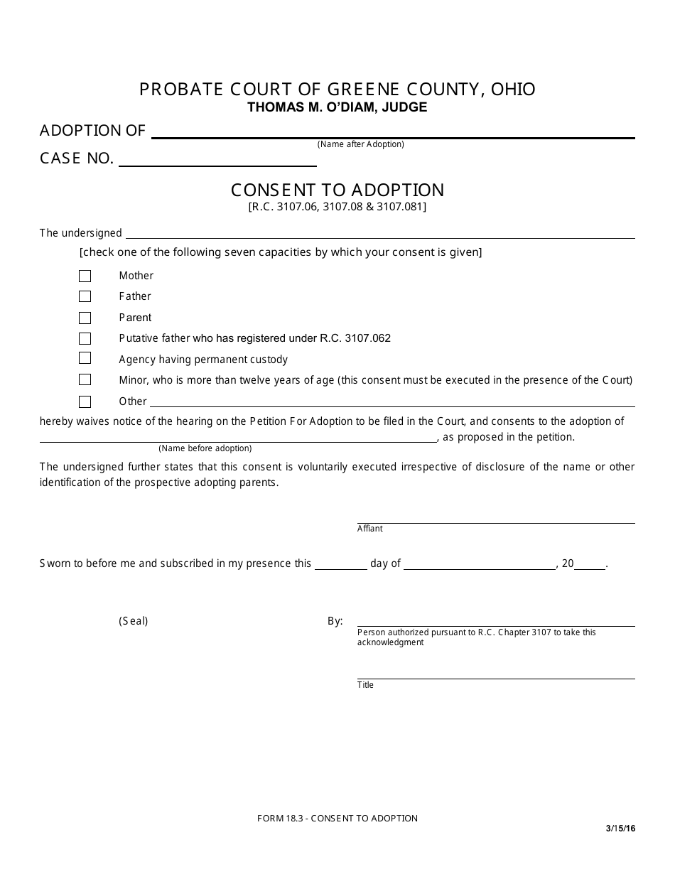 Form 18.3 Consent to Adoption - Greene County, Ohio, Page 1