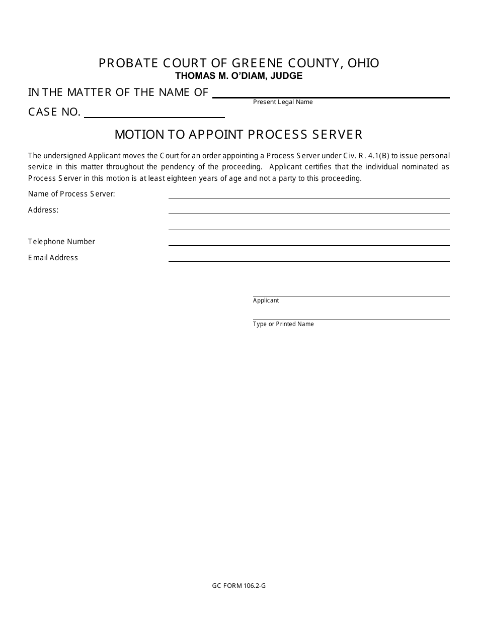 GC Form 106.2-G Motion to Appoint Process Server - Name Change / Name Conformity - Greene County, Ohio, Page 1