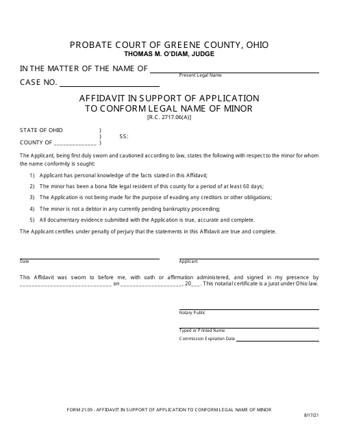 Form 21.09 Affidavit in Support of Application to Conform Legal Name of Minor - Greene County, Ohio