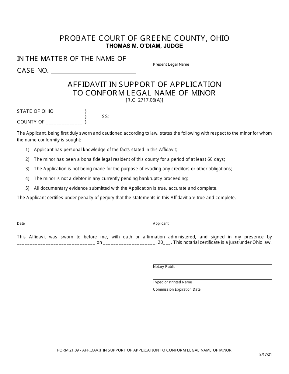 Form 21.09 Affidavit in Support of Application to Conform Legal Name of Minor - Greene County, Ohio, Page 1