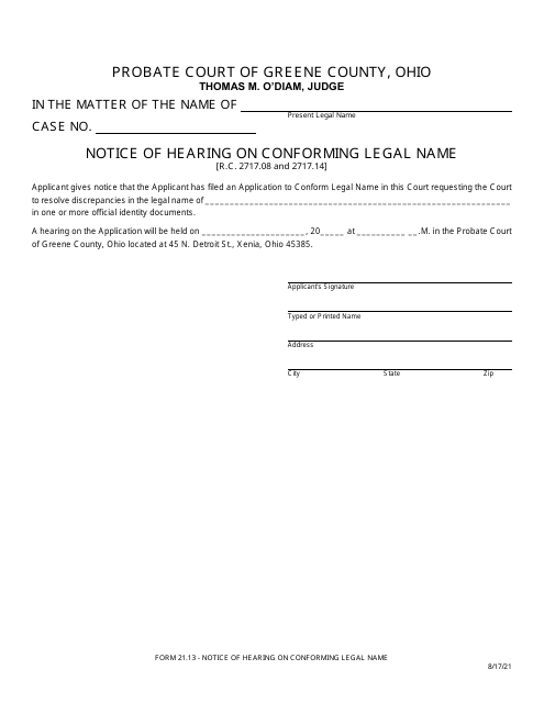 Form 21.13 Notice of Hearing on Conforming Legal Name - Greene County, Ohio