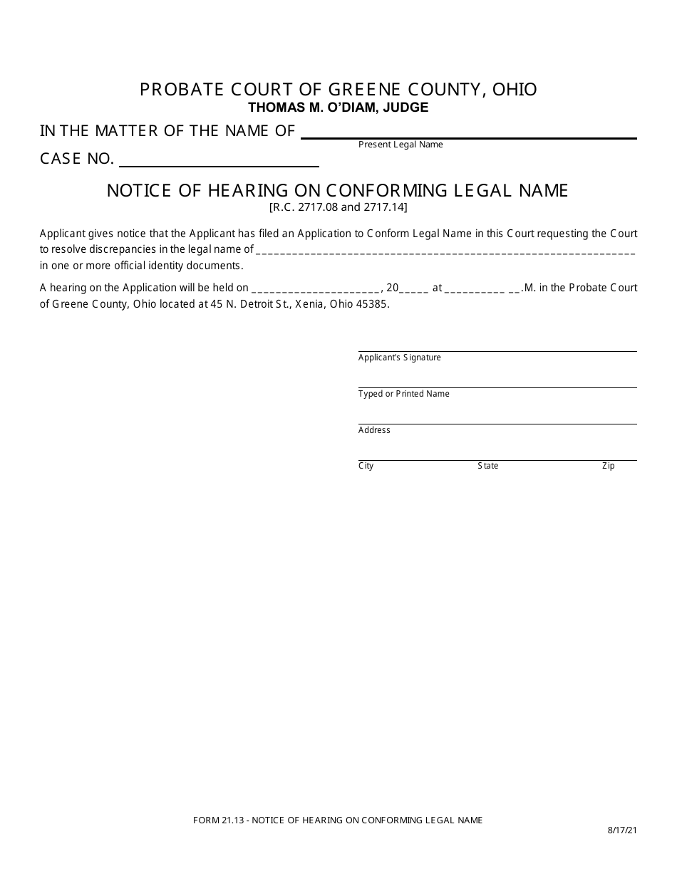Form 21.13 Notice of Hearing on Conforming Legal Name - Greene County, Ohio, Page 1