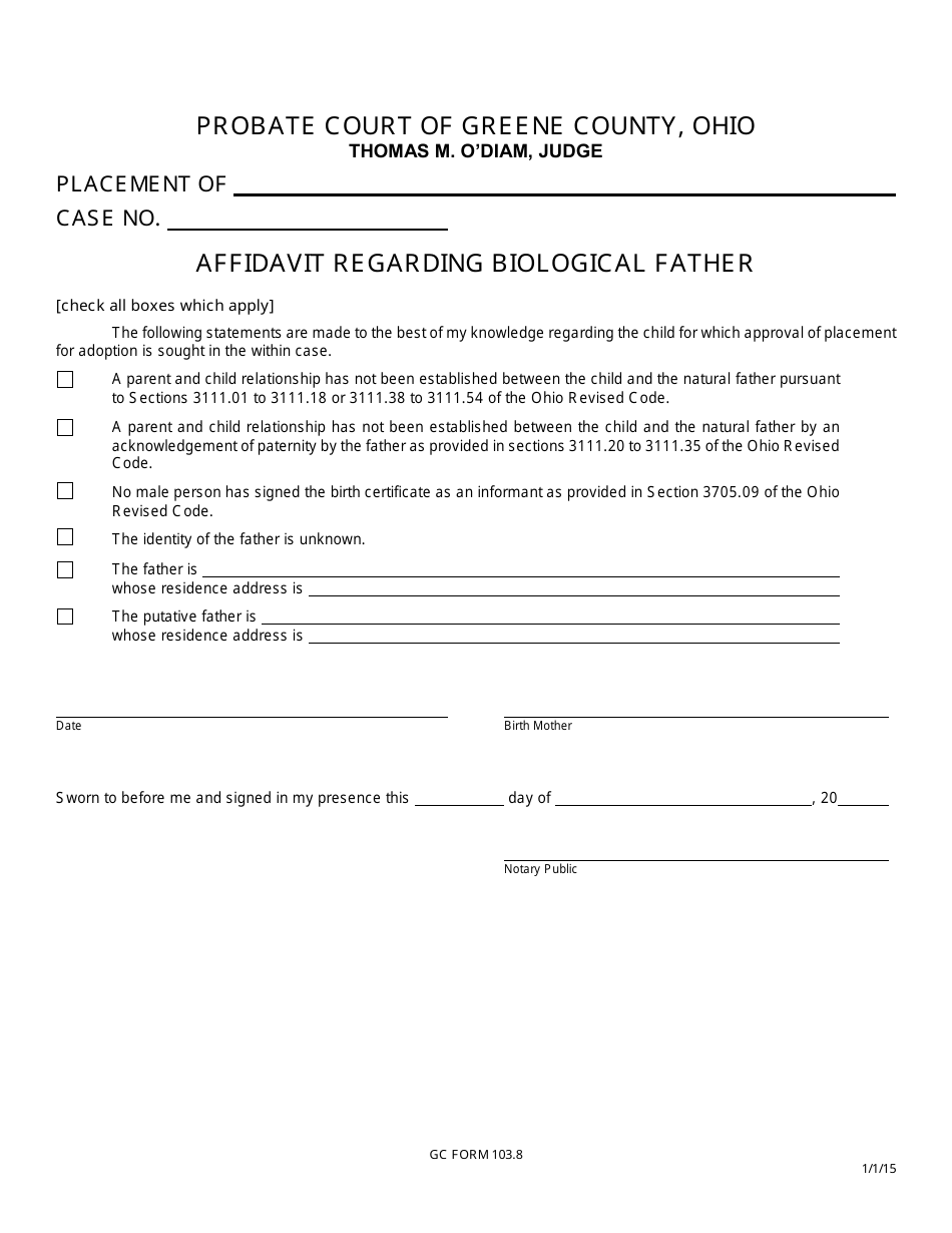 GC Form 103.8 Affidavit Regarding Biological Father - Greene County, Ohio, Page 1