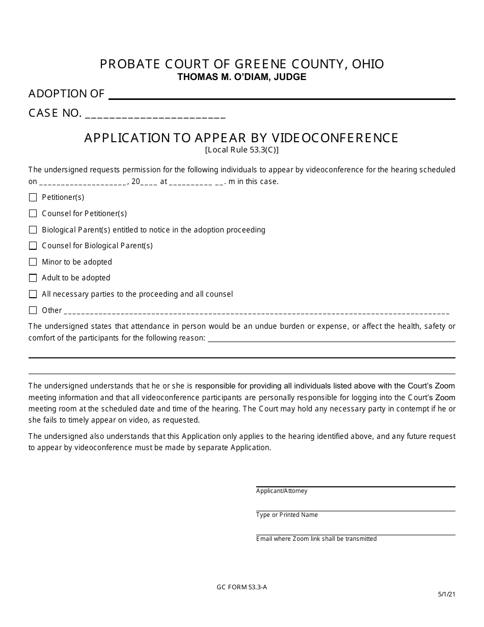 GC Form 53.3-A Application to Appear by Videoconference - Adoption - Greene County, Ohio, Page 1