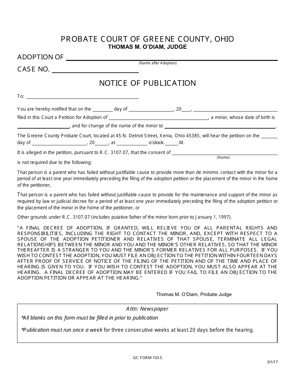 GC Form 103.5 Notice of Publication - Adoption - Greene County, Ohio, Page 1