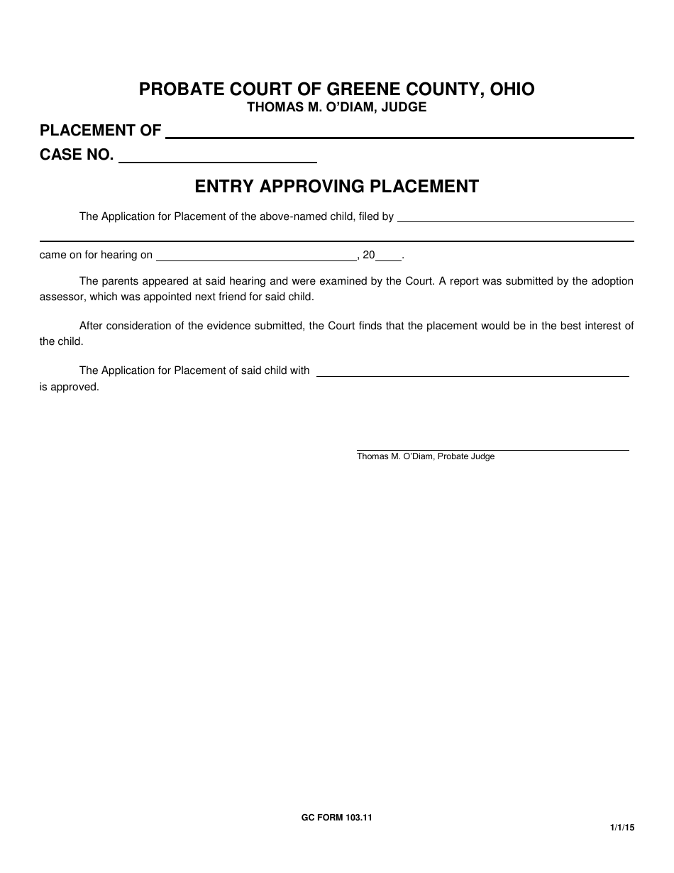 GC Form 103.11 Entry Approving Placement - Greene County, Ohio, Page 1
