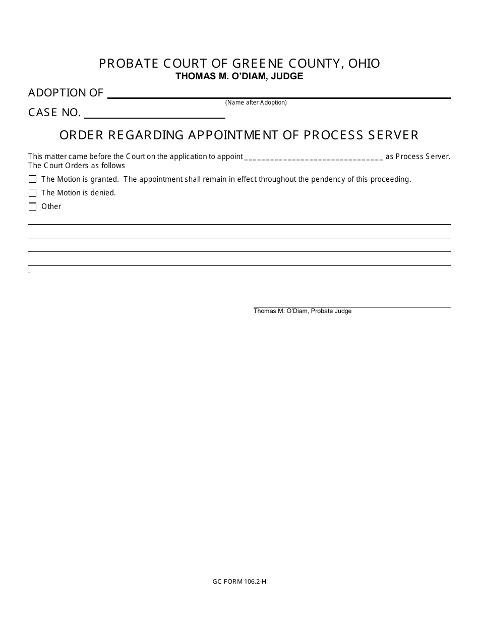 GC Form 106.2-H Order Regarding Appointment of Process Server - Adoption - Greene County, Ohio, Page 1