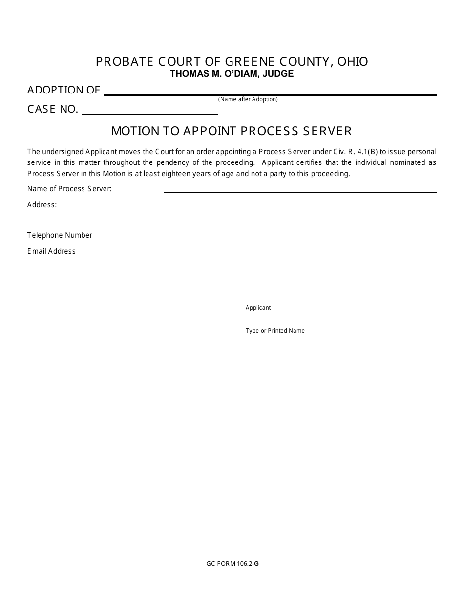 GC Form 106.2-G Motion to Appoint Process Server - Adoption - Greene County, Ohio, Page 1