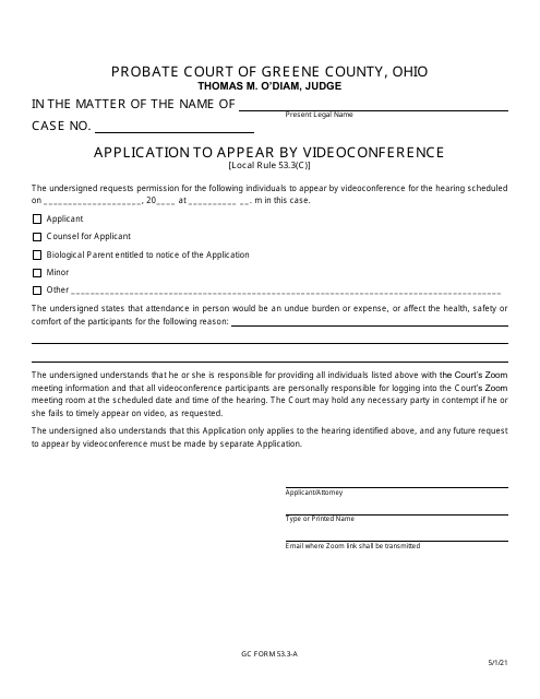 GC Form 53.3-A Application to Appear by Videoconference - Name Change/Name Conformity - Greene County, Ohio