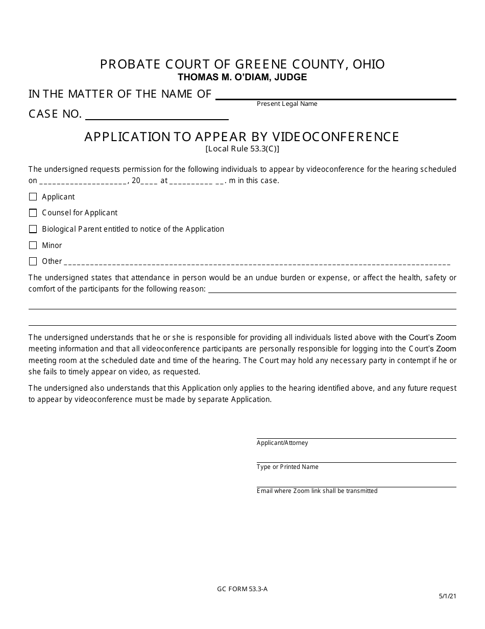GC Form 53.3-A Application to Appear by Videoconference - Name Change / Name Conformity - Greene County, Ohio, Page 1