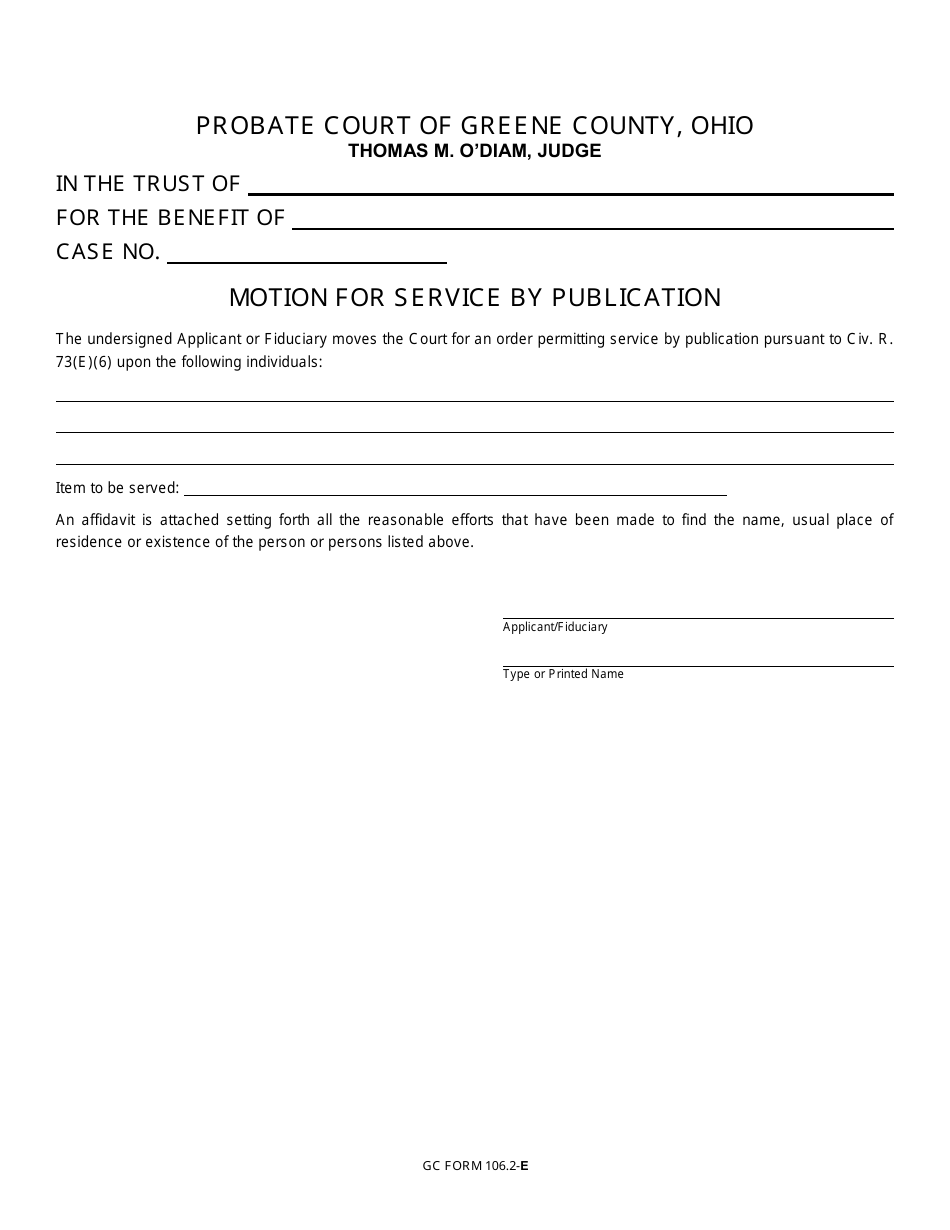GC Form 106.2-E Motion for Service by Publication - Trusts - Greene County, Ohio, Page 1