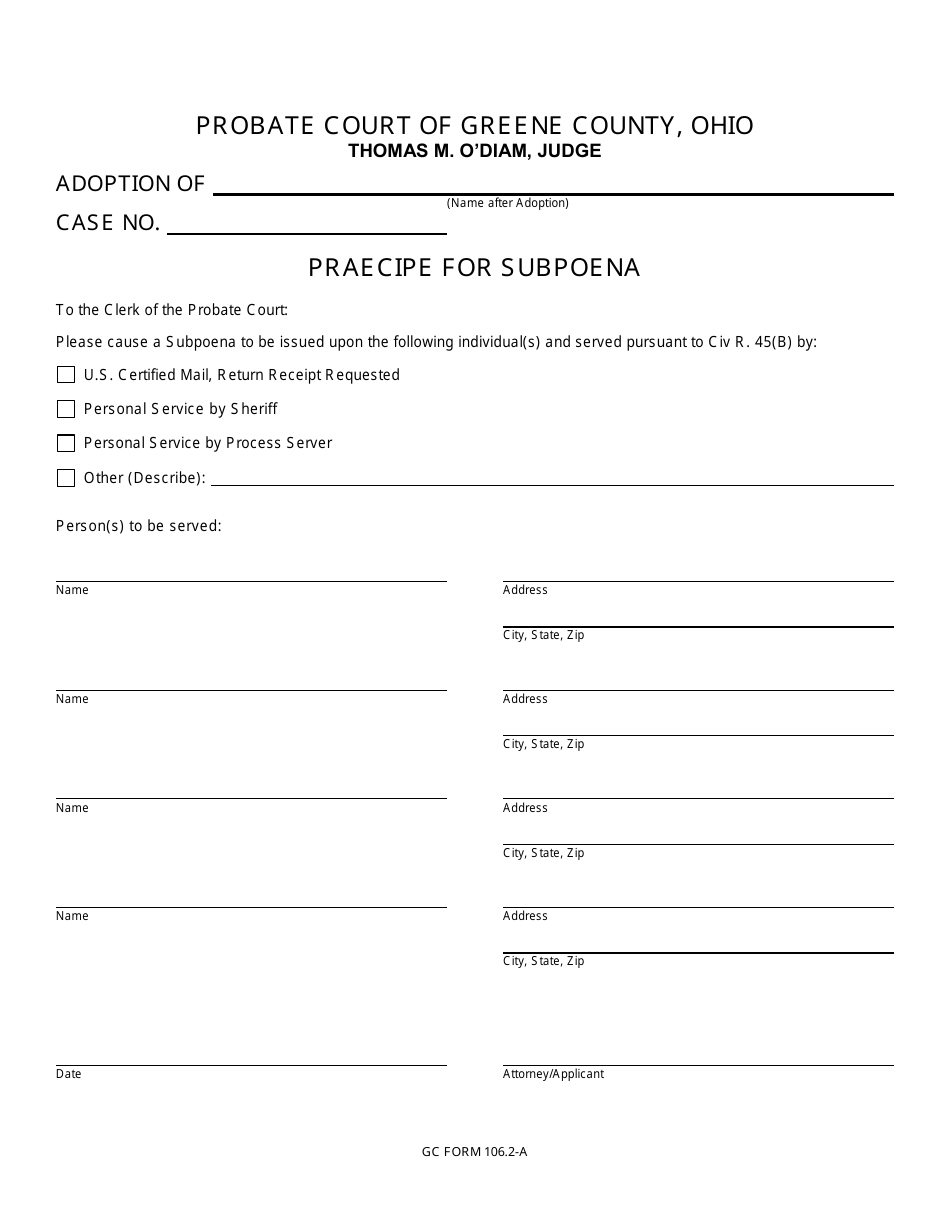 GC Form 106.2-A Praecipe for Subpoena - Adoption - Greene County, Ohio, Page 1