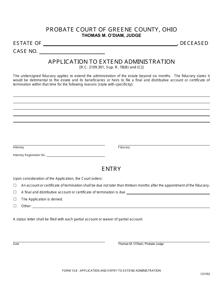 Form 13.8 Application to Extend Administration - Greene County, Ohio, Page 1
