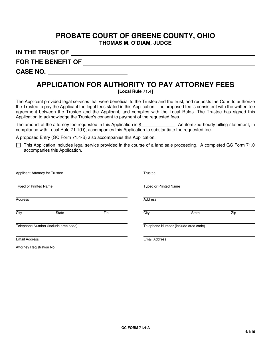 GC Form 71.4-A Application for Authority to Pay Attorney Fees - Greene County, Ohio, Page 1