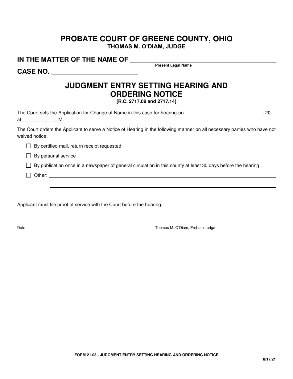 Form 21.03 Judgment Entry Setting Hearing and Ordering Notice - Greene County, Ohio, Page 1