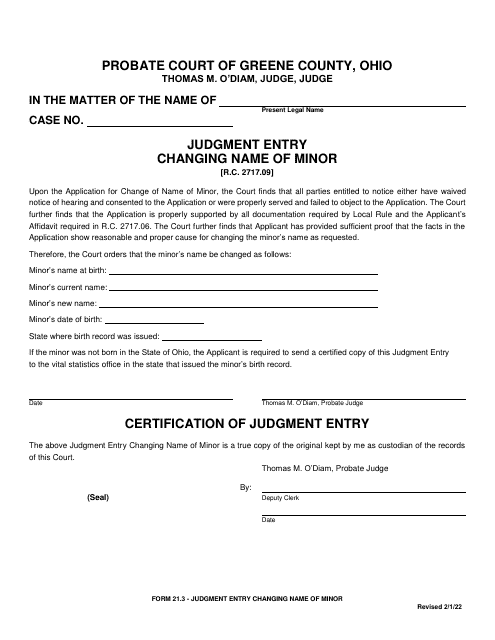 Form 21.3 Judgment Entry Changing Name of Minor - Greene County, Ohio