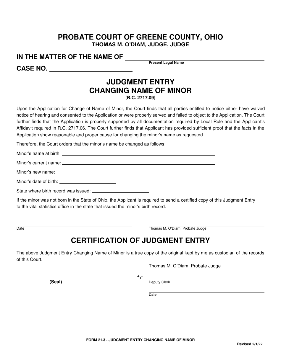 Form 21.3 Judgment Entry Changing Name of Minor - Greene County, Ohio, Page 1