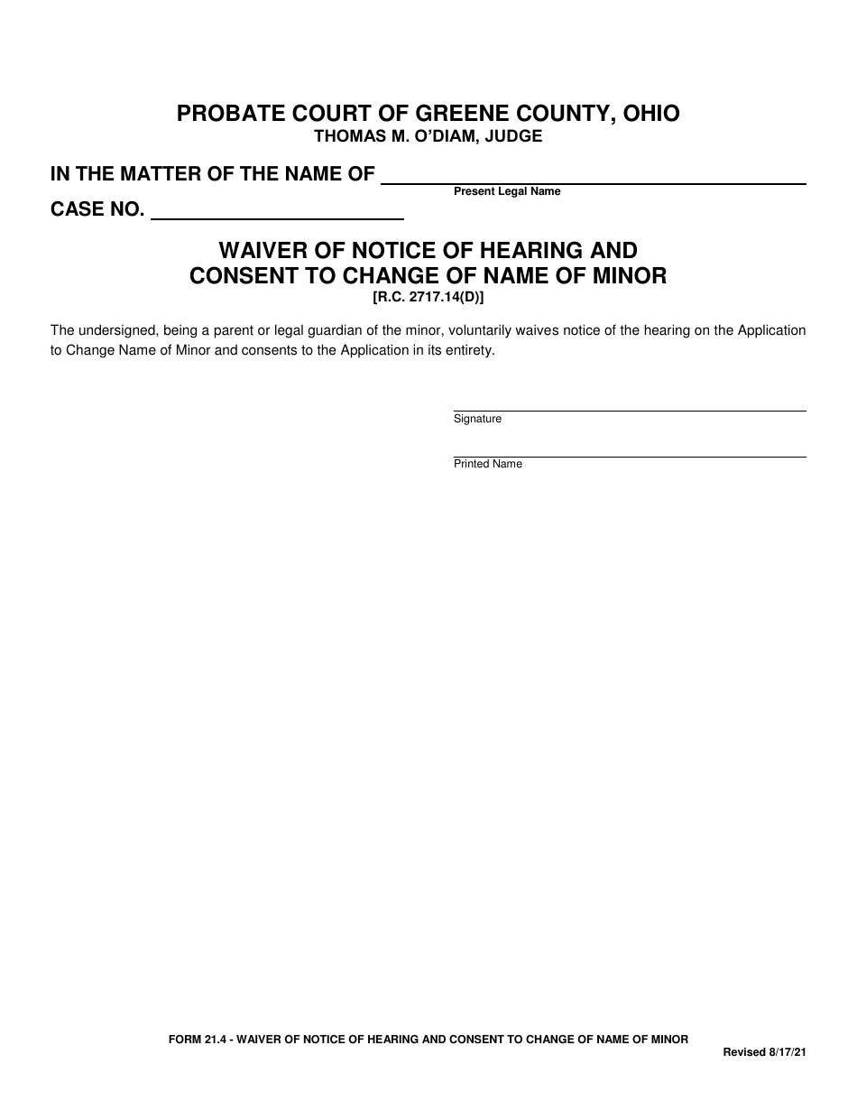 Form 21.4 Waiver of Notice of Hearing and Consent to Change of Name of Minor - Greene County, Ohio, Page 1