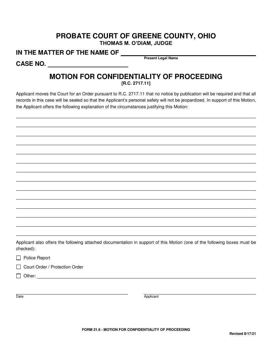 Form 21.6 Motion for Confidentiality of Proceeding - Greene County, Ohio, Page 1