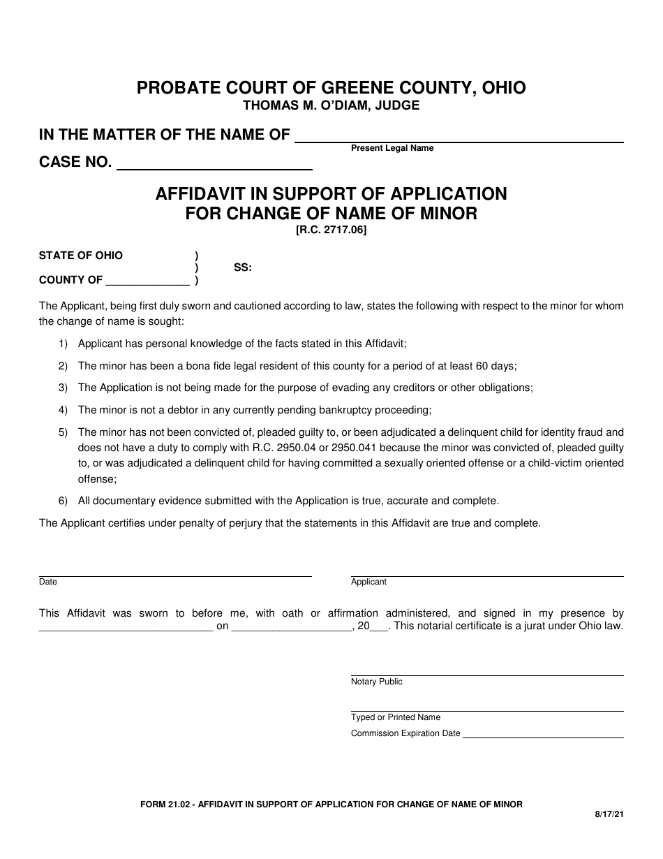 Form 21.02 Affidavit in Support of Application for Change of Name of Minor - Greene County, Ohio, Page 1