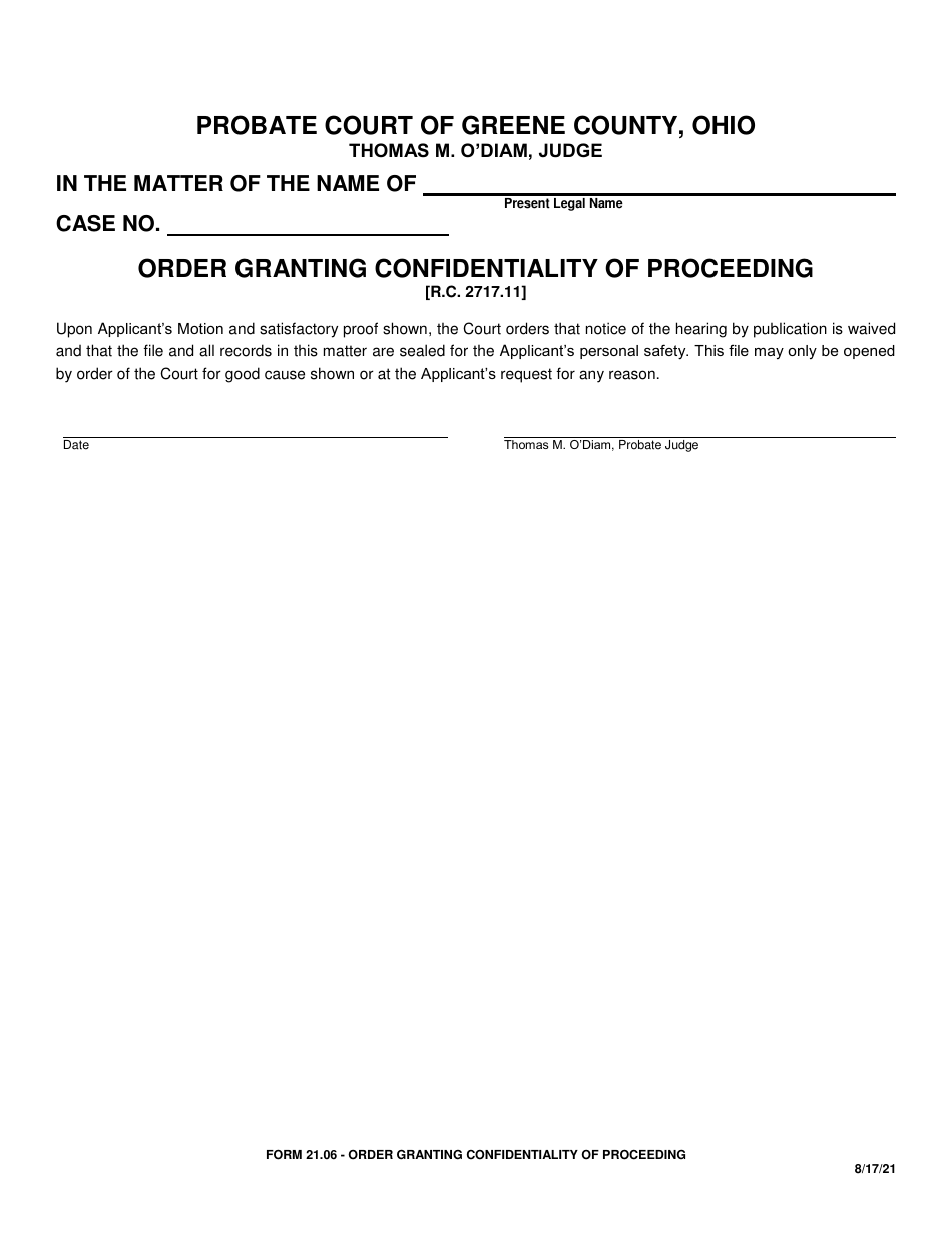 Form 21.06 Order Granting Confidentiality of Proceeding - Greene County, Ohio, Page 1