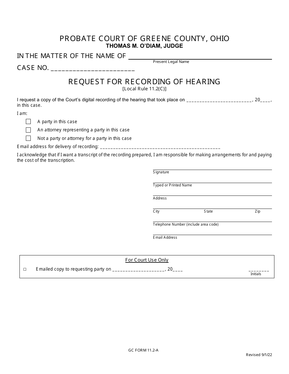 GC Form 11.2-A Request for Recording of Hearing - Name Change - Greene County, Ohio, Page 1