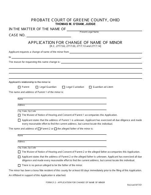Form 21.2 Application for Change of Name of Minor - Greene County, Ohio