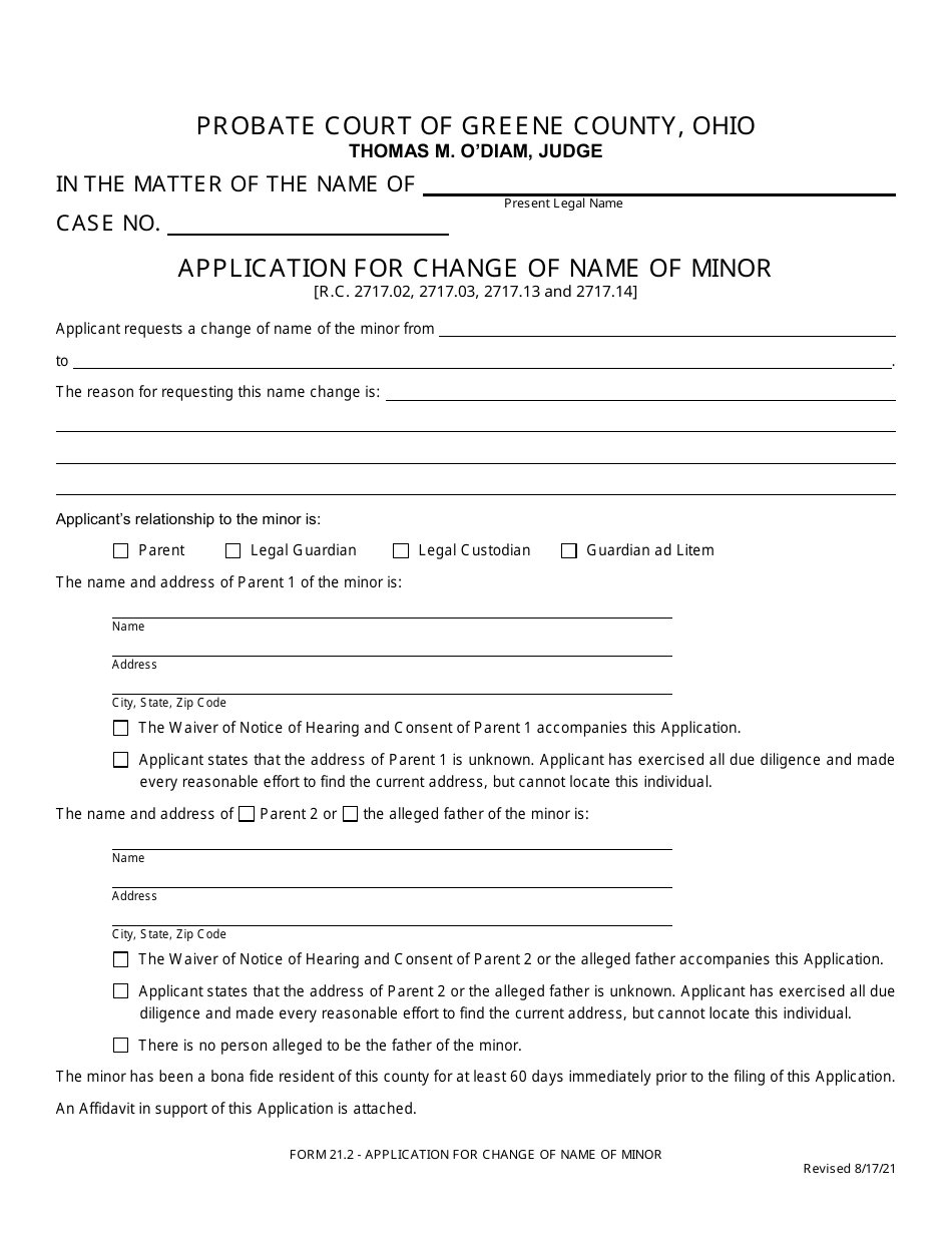 Form 21.2 Application for Change of Name of Minor - Greene County, Ohio, Page 1