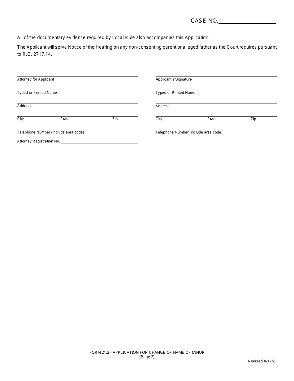 Form 21.2 Application for Change of Name of Minor - Greene County, Ohio, Page 2