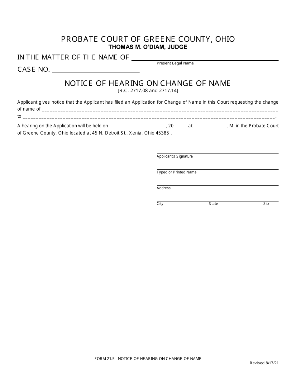 Form 21.5 Notice of Hearing on Change of Name - Greene County, Ohio, Page 1