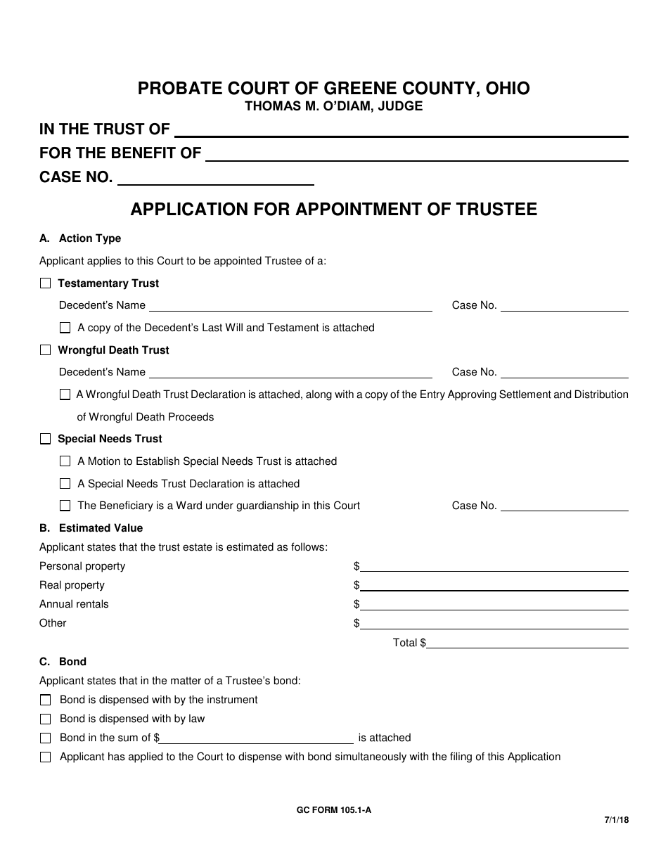 GC Form 105.1-A Application for Appointment of Trustee - Greene County, Ohio, Page 1